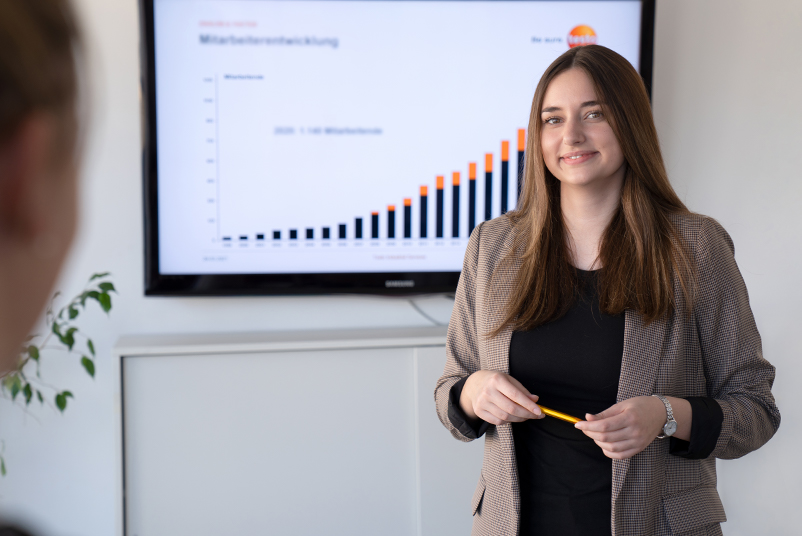 A Testo employee presents the company figures on a screen.