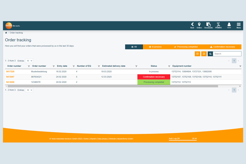 Tracking of orders through order tracking in the portal