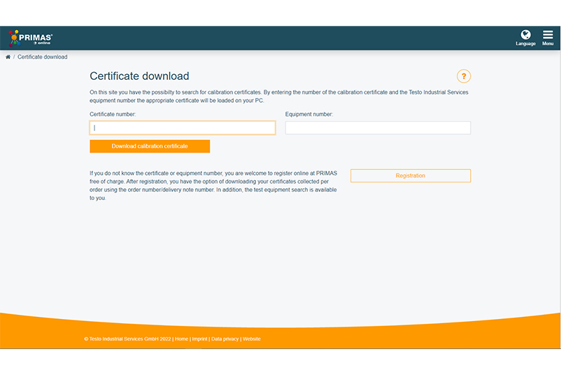 Input area for certificate download in PRIMAS online
