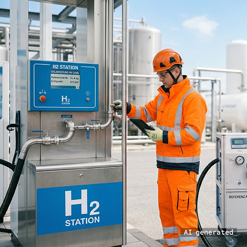 Calibration of hydrogen flow meters A person carrying out maintenance at a hydrogen filling station