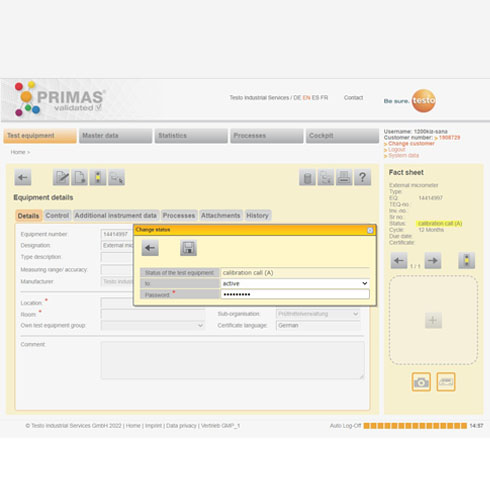 Execution of a password query in the test equipment management system PRIMAS validated