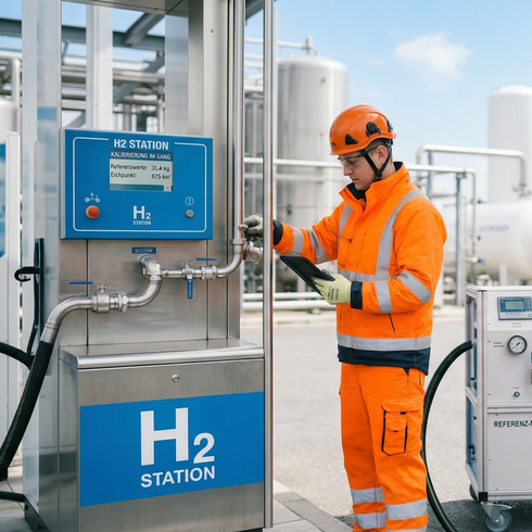 A person carrying out maintenance at a hydrogen filling station