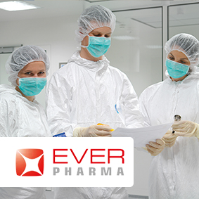 Logo von Ever Pharma mit Personen im Reinraum für das Referenzprospekt